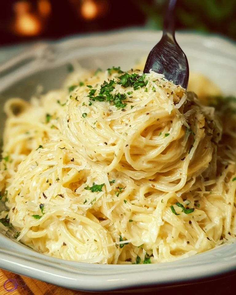 Bowl of creamy Garlic Parmesan Pasta garnished with parsley and cheese