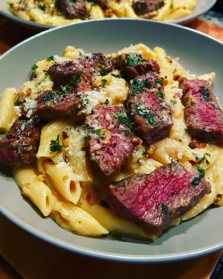 Creamy Garlic Parmesan Steak Pasta served in a bowl with fresh parsley garnish