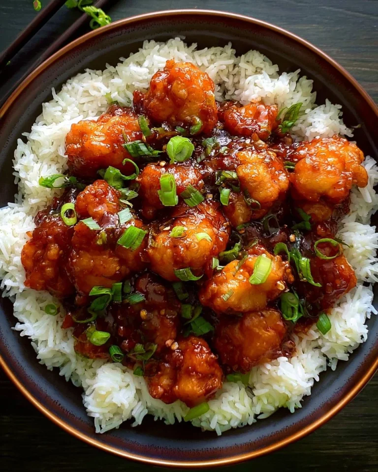Plate of flavorful General Tso's Chicken with vegetables and sauce