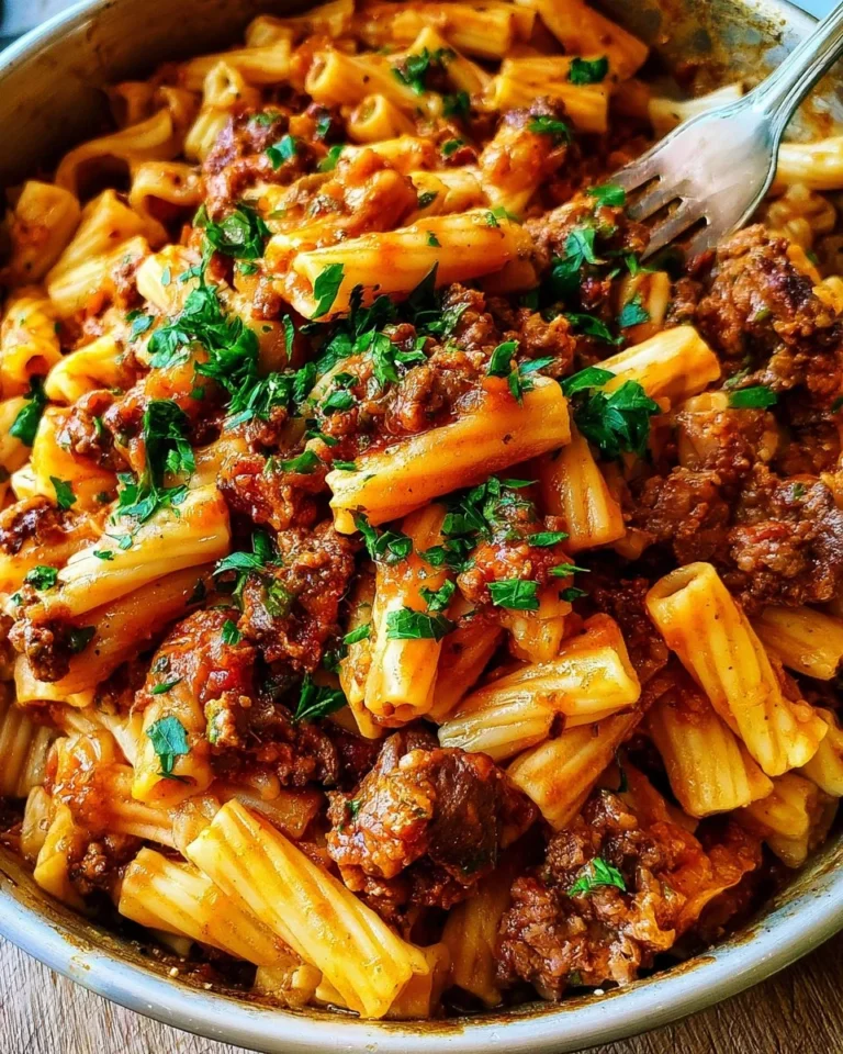 Delicious ground beef pasta dish served with fresh herbs and cheese.