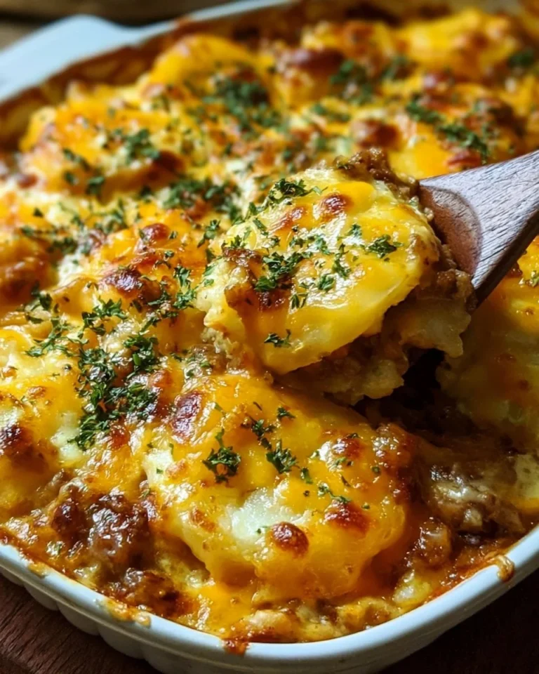 Delicious Hamburger Potato Casserole with Cheese baked to perfection.