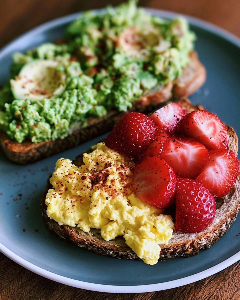 Healthy Breakfast Ideas: Scrambled Eggs, Strawberries, and Avocado Toast