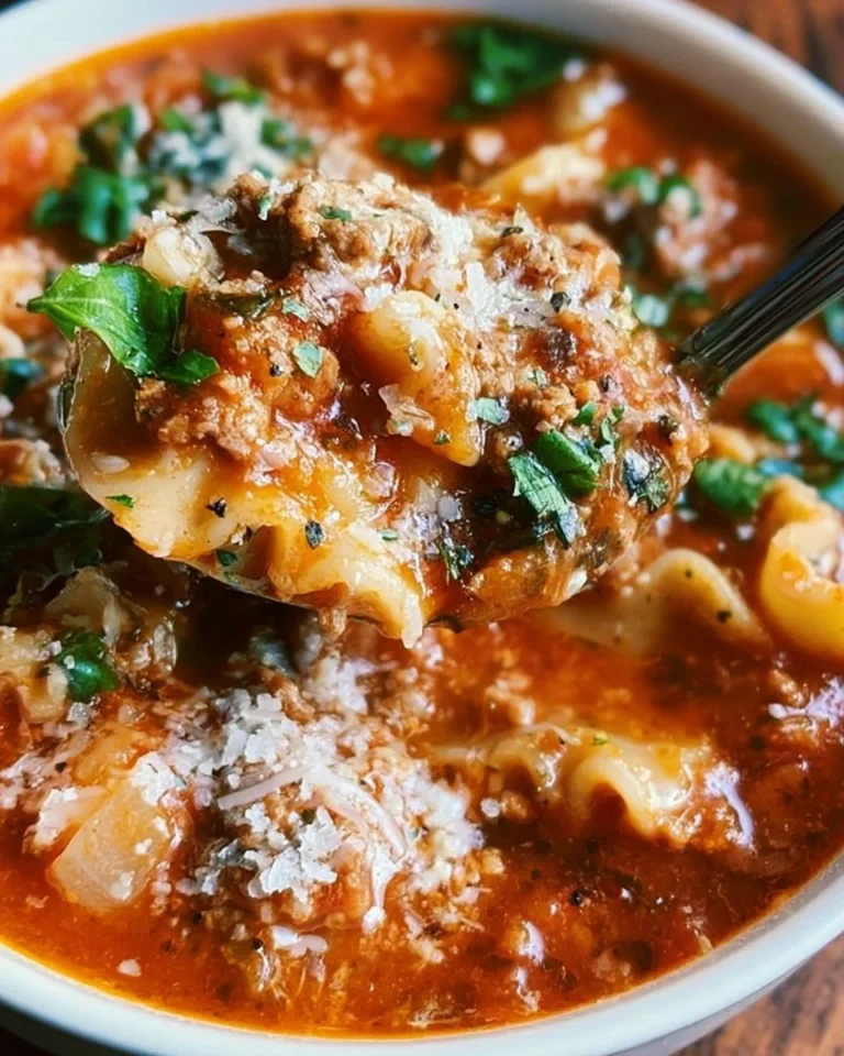 High-protein lasagna soup in a bowl with herbs and cheese