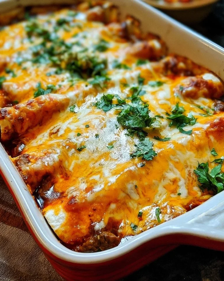 Delicious beef enchiladas garnished with fresh herbs and cheese on a plate