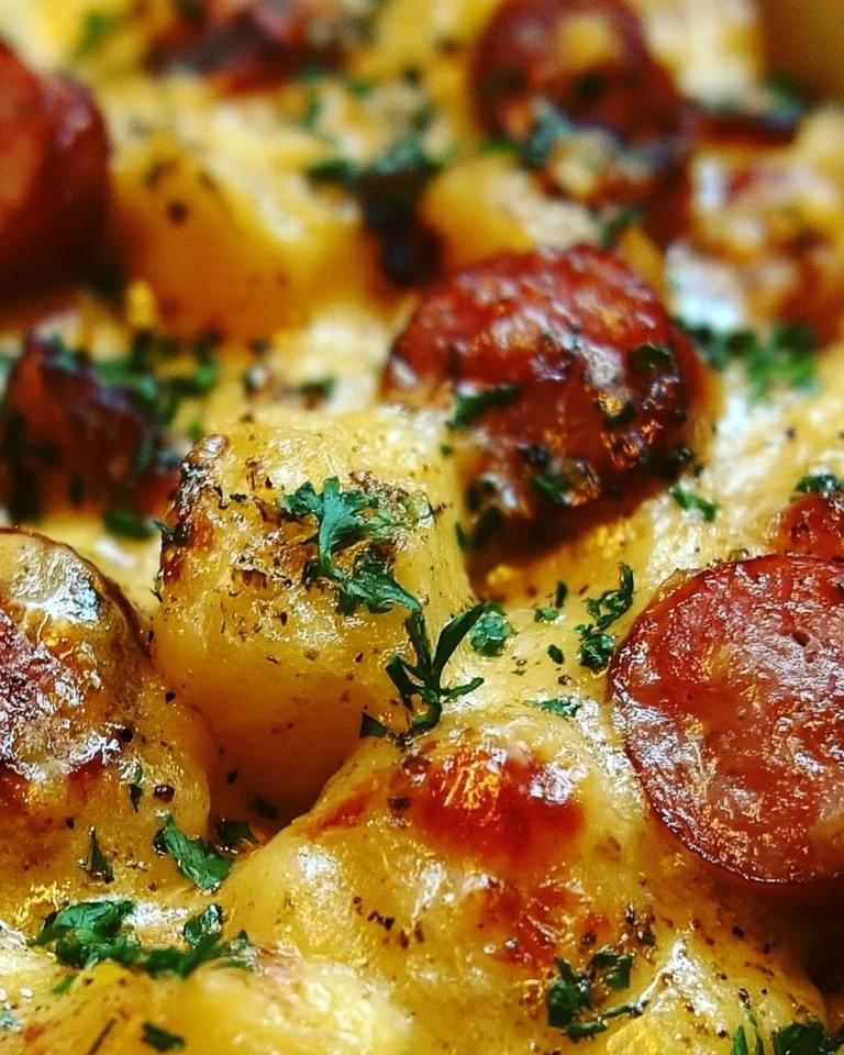 Kielbasa Sausage Cheesy Potato Casserole served in a dish