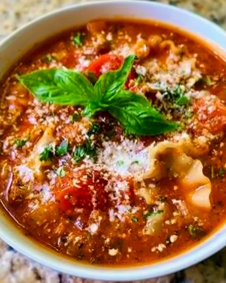 Delicious bowl of lasagna soup served with cheese and herbs