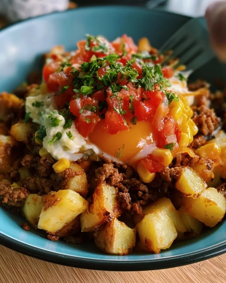 Loaded Potato Taco Bowl topped with fresh ingredients and spices