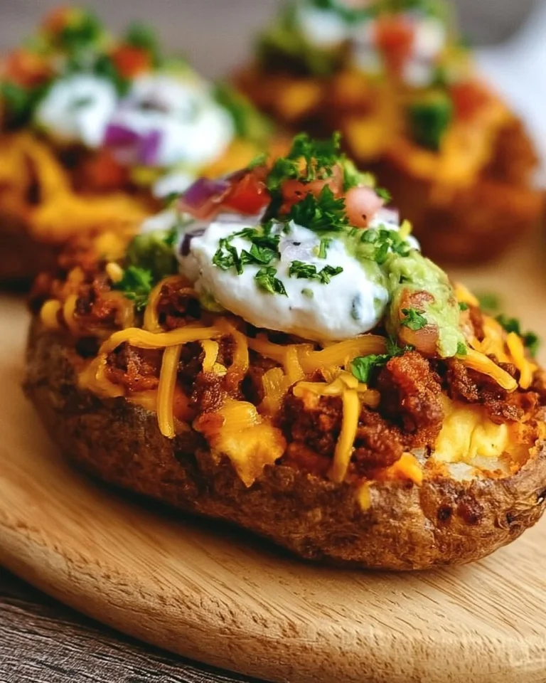 Loaded taco potatoes topped with seasoned beef and melted cheese
