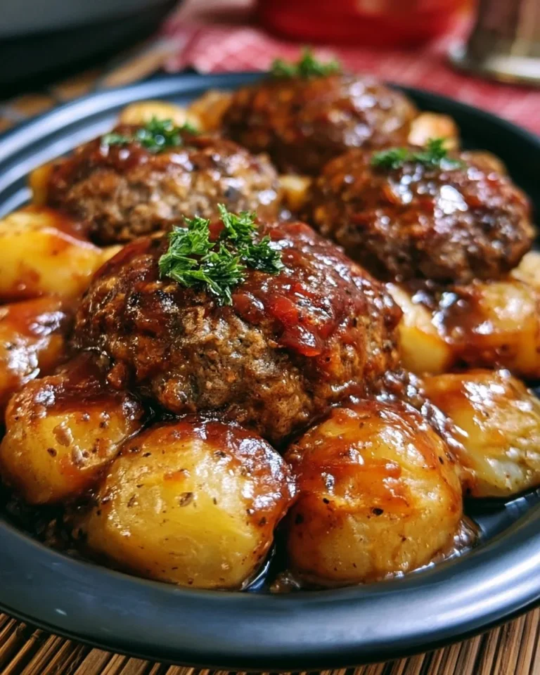 Tasty mini meatloaves served with roasted potatoes on a dinner plate.