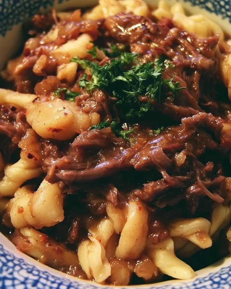 Crock Pot Mississippi Beef Noodles served in a bowl with fresh herbs