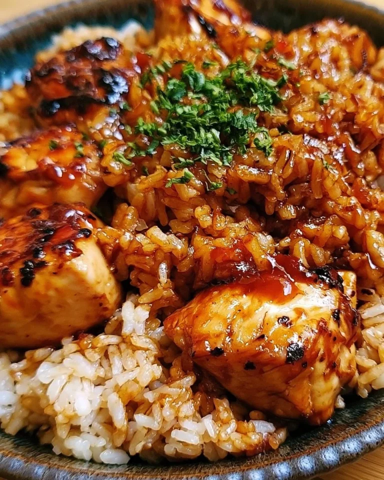 One-Pan Honey BBQ Chicken served with Rice on a wooden table