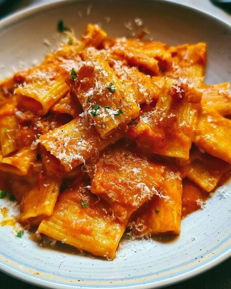Delicious plate of Pasta alla Vodka with a creamy tomato sauce and fresh basil.
