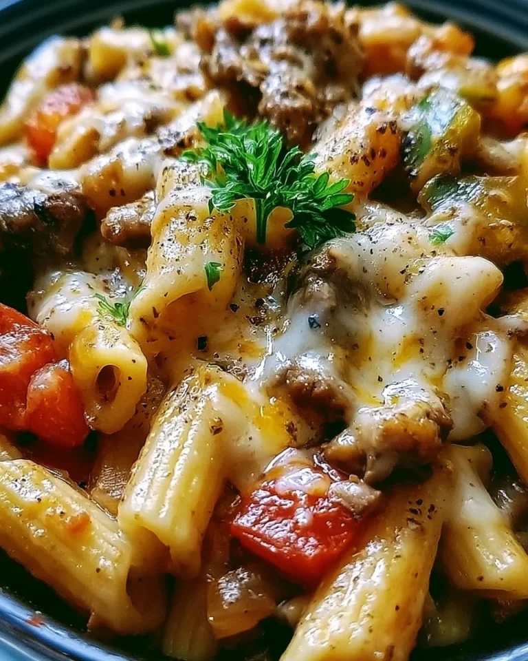Creamy Philly cheese steak pasta with beef, peppers, and onions