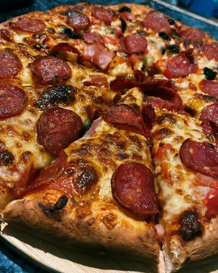 Delicious pizza topped with fresh ingredients served on a wooden table