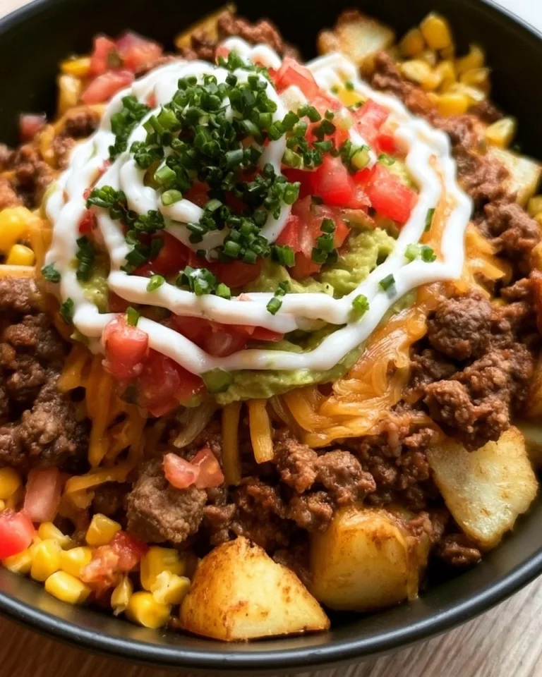 Delicious Potato Taco Bowl topped with fresh ingredients and taco seasoning