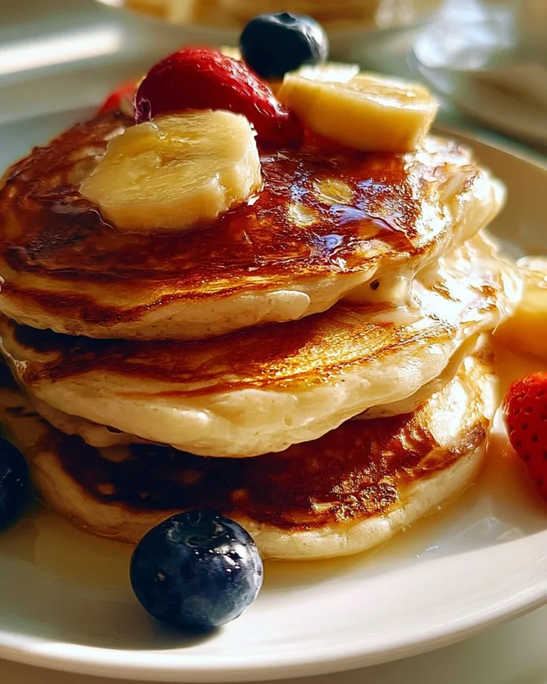 Plate of fluffy milk pancakes served with syrup and berries