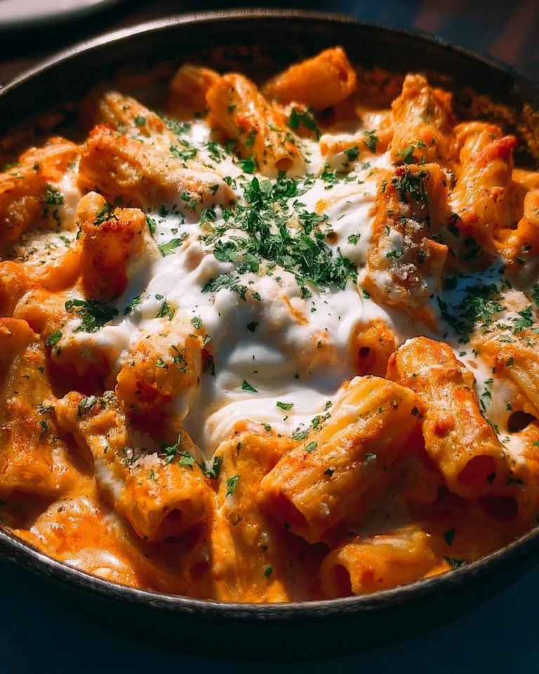 Rich ricotta cheese sauce over baked pasta dish garnished with herbs
