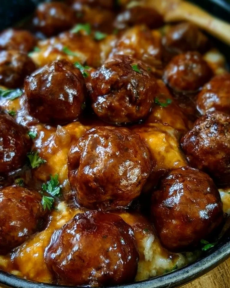 Salisbury steak meatballs cooking in a slow cooker with rich gravy