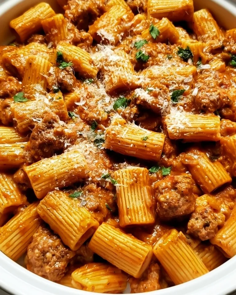 Delicious sausage rigatoni pasta served in a bowl with herbs and cheese