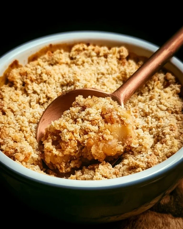 Delicious homemade apple crumble served in a bowl with a scoop of vanilla ice cream.