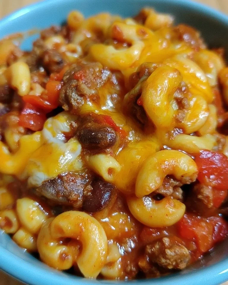 Slow Cooker Cheddar Chili Mac dish served in a bowl