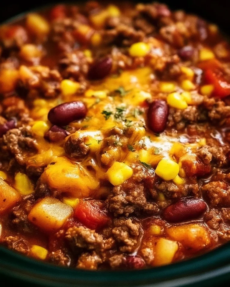 Delicious Slow Cooker Cowboy Casserole in a bowl with toppings.