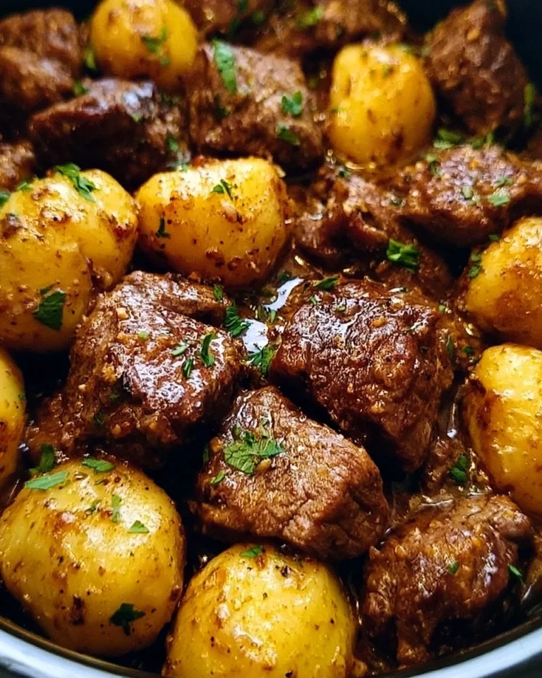 Slow cooker garlic butter beef bites with potatoes in a savory sauce