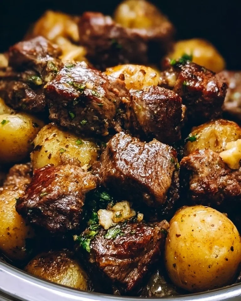 Delicious slow cooker garlic butter beef bites with potatoes served in a bowl.