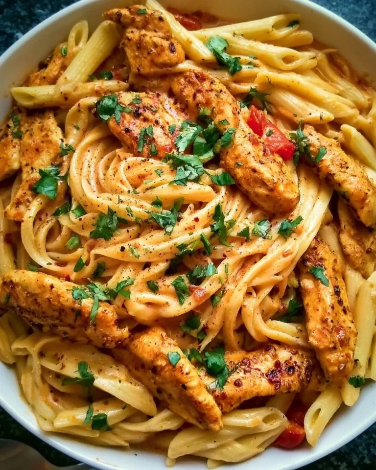 Delicious spicy Cajun pasta with chicken served in a bowl