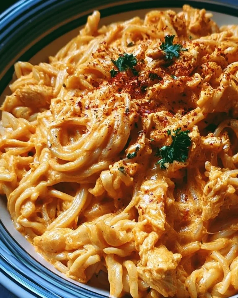 Spicy Creamy Buffalo Chicken Pasta served in a bowl with fresh herbs