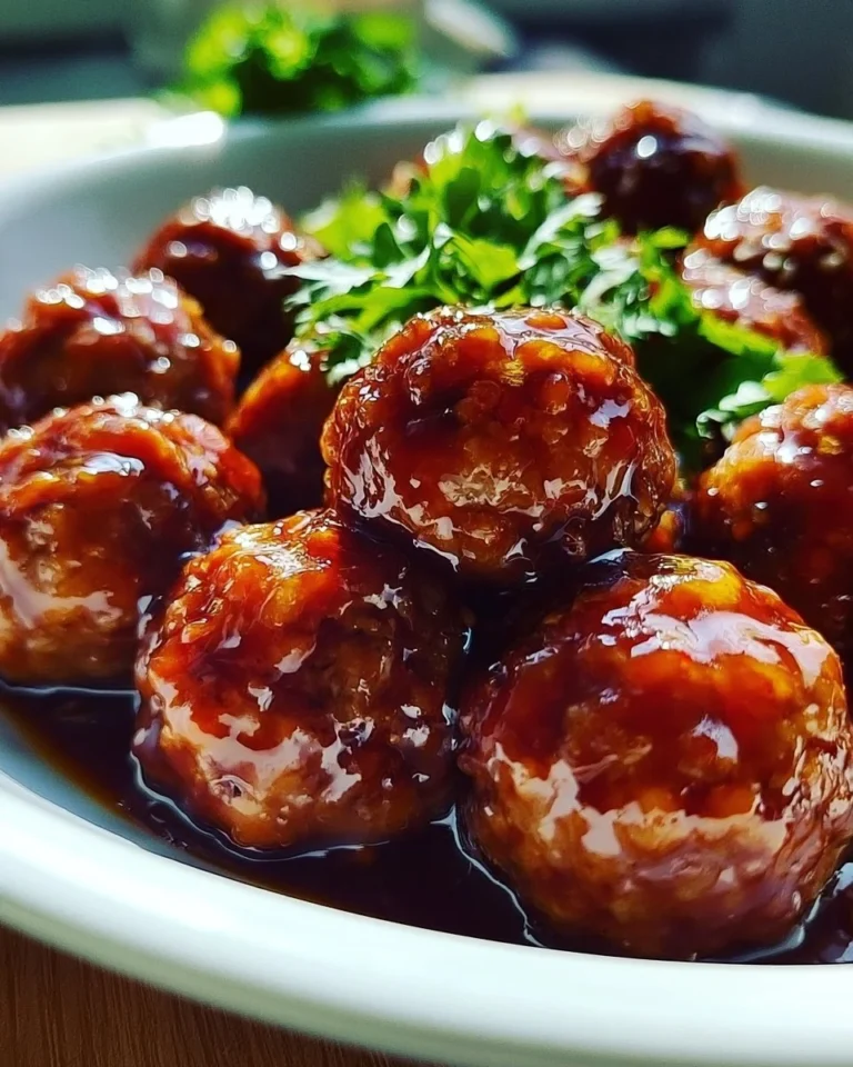 Plate of homemade sweet chili meatballs garnished with green onions.