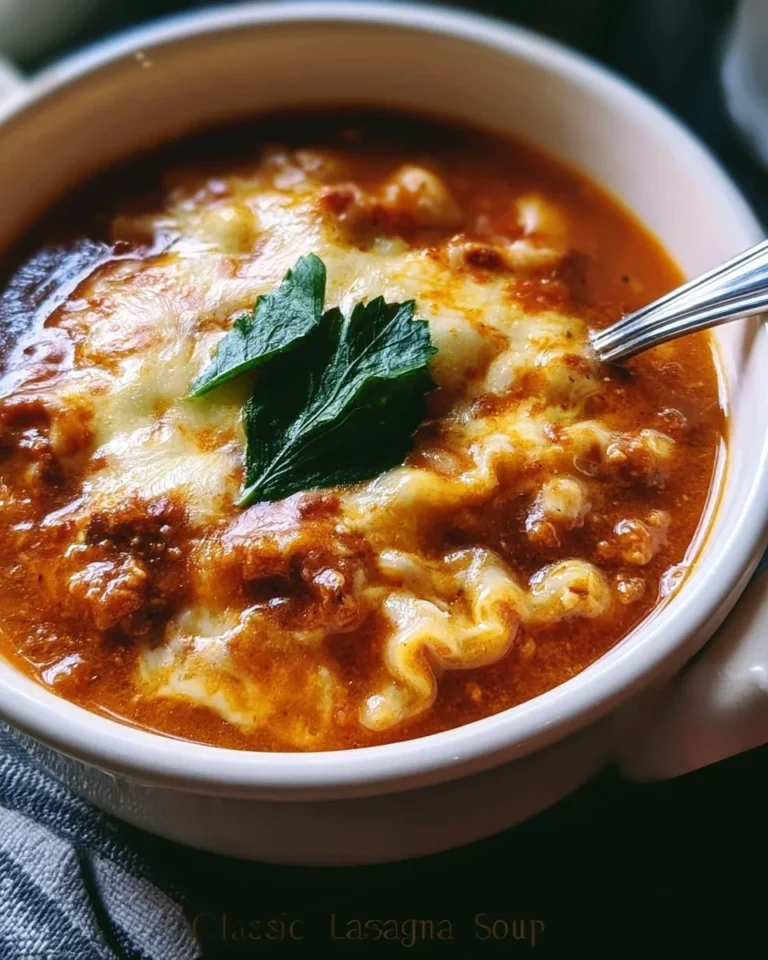 A bowl of delicious traditional lasagna soup topped with melted cheese and herbs