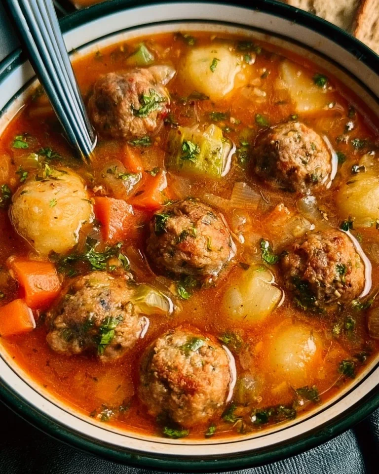 A comforting bowl of Albondigas Soup with meatballs and vegetables.