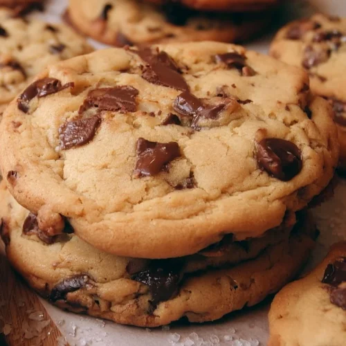 Bakery-style chocolate chip cookies fresh out of the oven with melted chocolate chips.