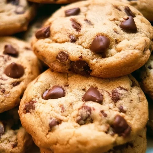 Bakery-style chocolate chip cookies with melted chocolate chips on a cooling rack.