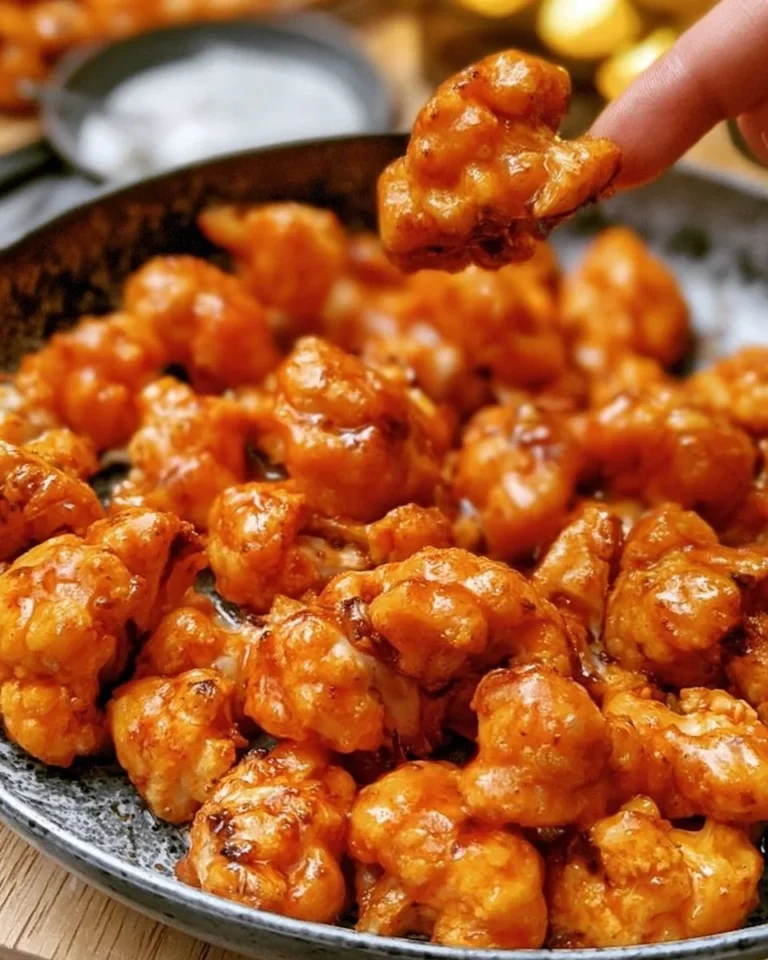 Buffalo-style cauliflower wings cooked and served with dipping sauce