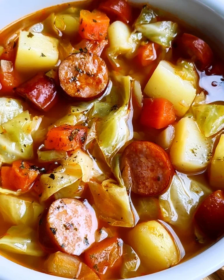 Cabbage sausage and potato soup served in a bowl with herbs on top.