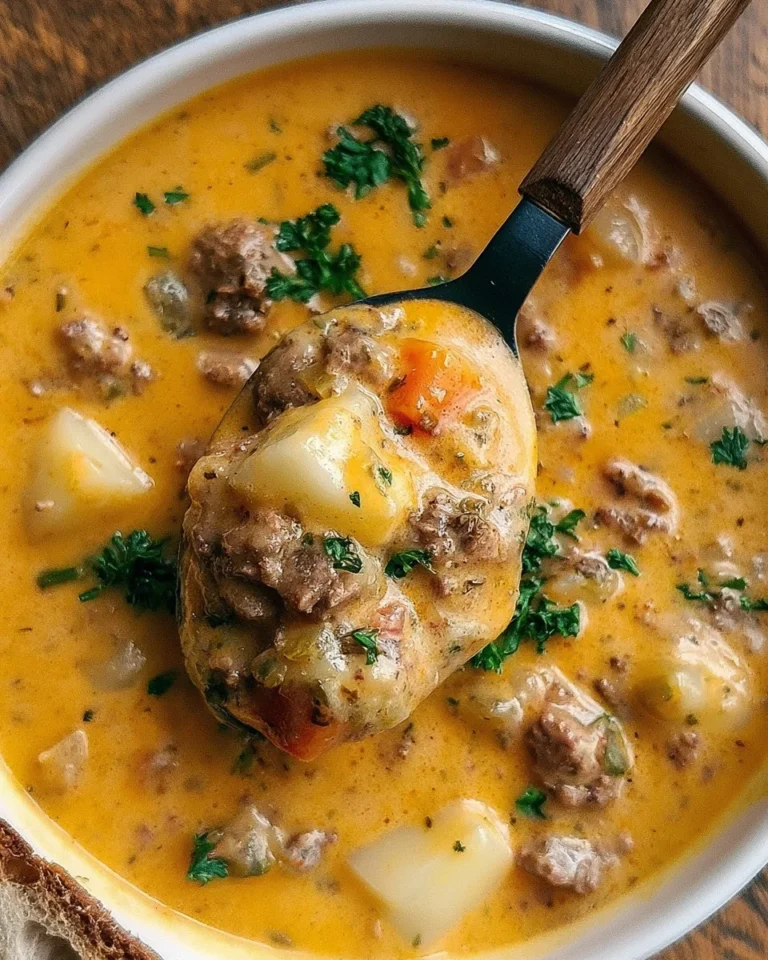 Bowl of cheesy beef and potato soup garnished with herbs