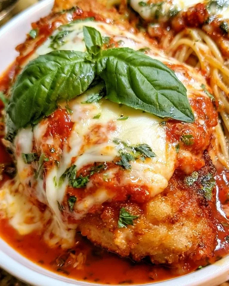 Delicious homemade Chicken Parmesan served with marinara sauce and cheese