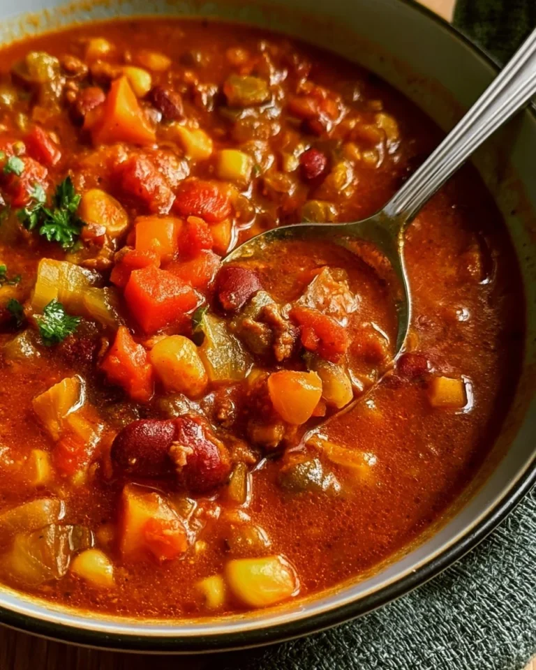 A bowl of hearty Cowboy Soup filled with vegetables and meat.