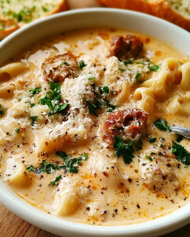Creamy Italian sausage soup with Parmesan garnished with herbs