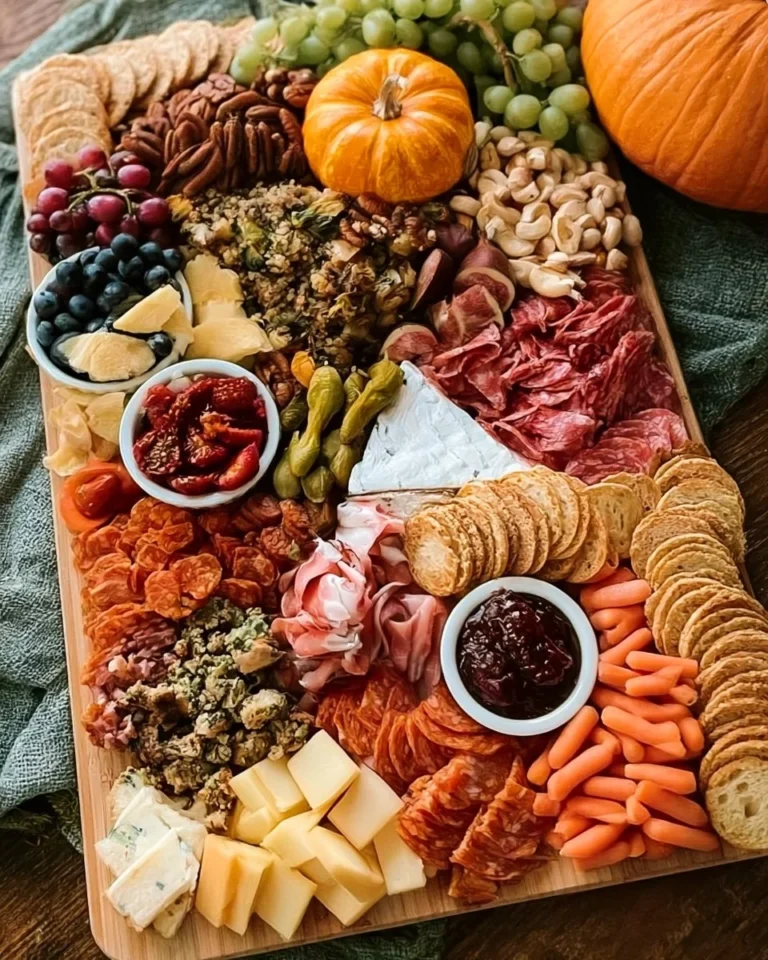 A beautifully arranged fall charcuterie board with seasonal ingredients.