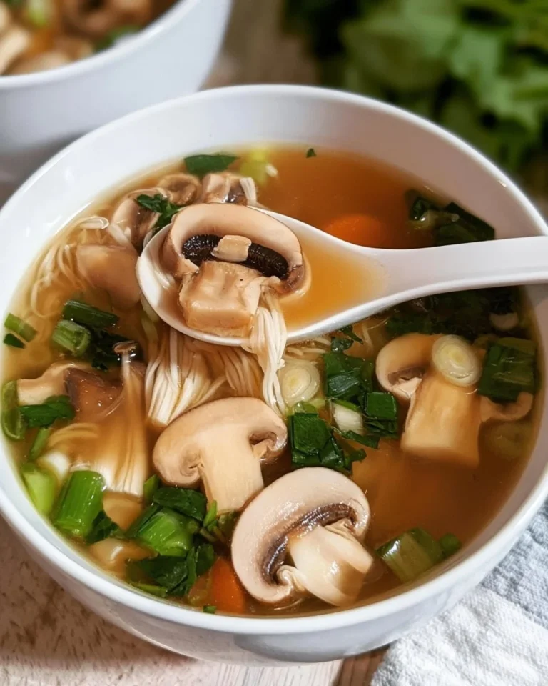 A steaming bowl of Hibachi Soup garnished with fresh herbs and vegetables