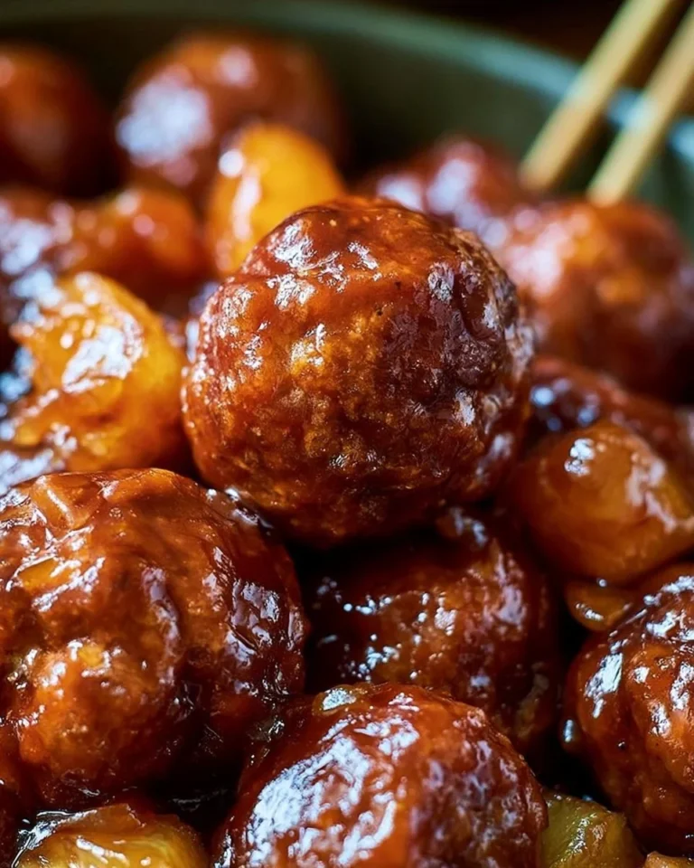 Pineapple barbecue meatballs cooked in a slow cooker, served on a platter.