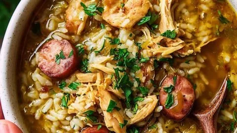 Delicious Southern Chicken Bog served in a bowl with herbs and spices
