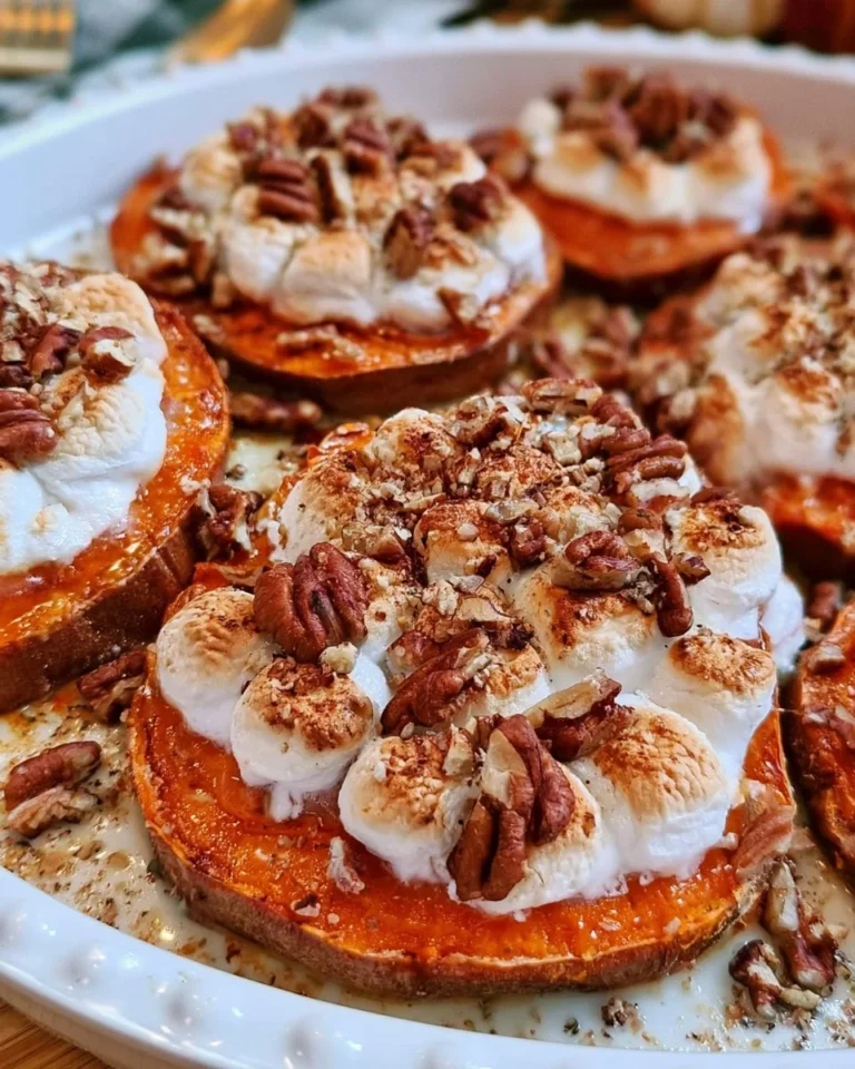 Sweet potato medallions topped with marshmallows and pecans on a plate