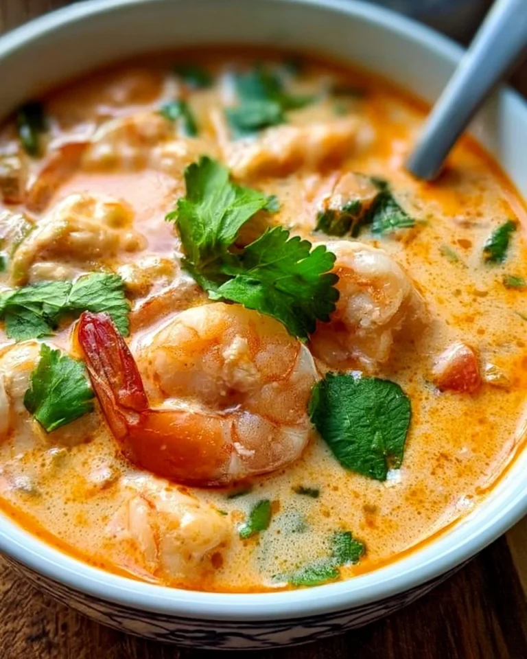 Bowl of Thai shrimp soup garnished with herbs and lime