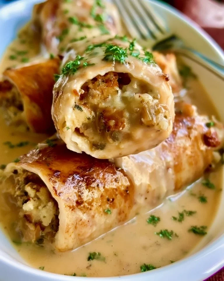 Turkey roll ups with stuffing and creamy gravy, served warm on a plate.