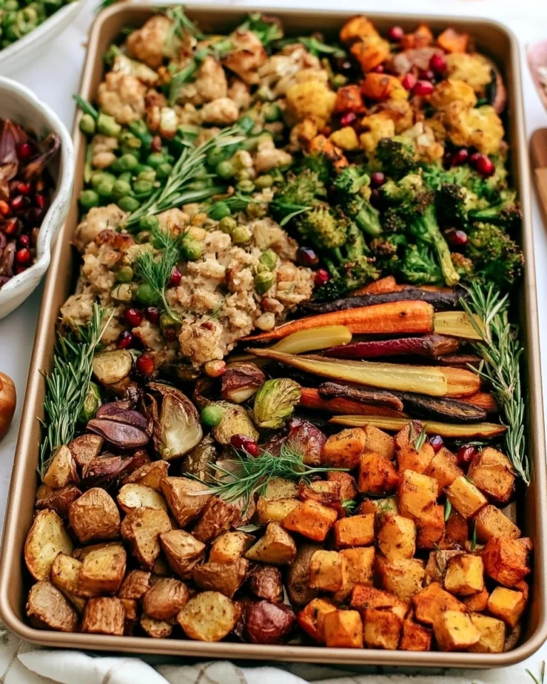 Vegan Sheet Pan Thanksgiving Dinner featuring roasted vegetables and plant-based dishes.