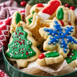 Delicious Christmas cut-out sugar cookies decorated for the holidays